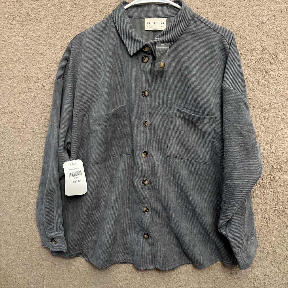 NWT Dress Up Gray Corduroy Women's Button Up Shirt Oversized